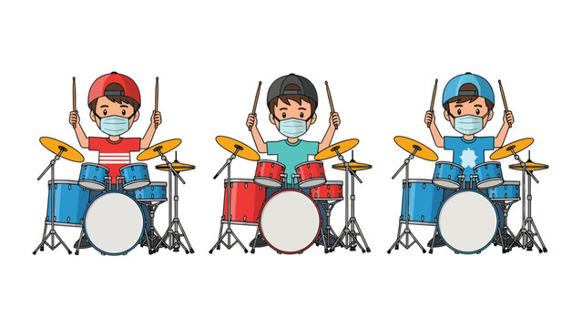 Three children wearing face masks playing drum kits, illustrating music education and safety during a pandemic.