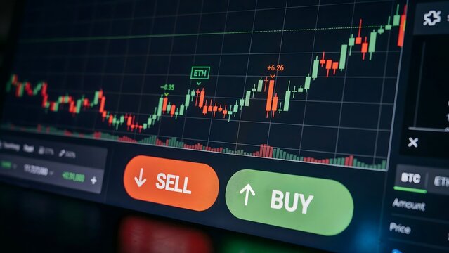 Crypto trading graph, stock market chart, buy sell buttons, financial dashboard, investment screen