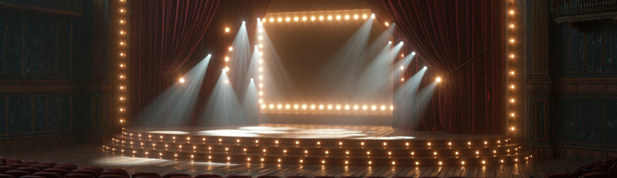 Vintage cinema stage with crimson velvet curtain, warm bulb light, empty theater, dramatic spotlight, wooden floor, classic auditorium, nostalgic scene