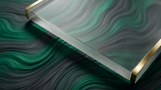 Green wavy textured glass with gold metal trim.