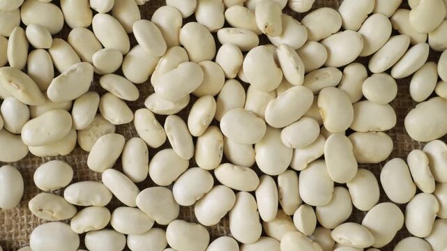 White beans slowly moving on a burlap surface
