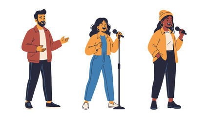 Obraz premium Three diverse people singing or speaking into microphones on a white background, representing performance or public speaking.