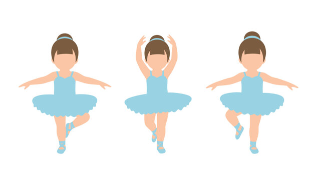 Three cartoon ballerinas in blue tutus performing different ballet poses on a white background.