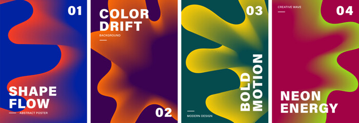 Obraz premium Abstract poster collection with dark gradient wave fluid motion shapes - Futuristic poster templates, vibrant neon colors, wavy lines, bold typography, and modern motion backgrounds.