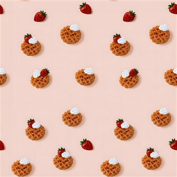 Seamless pattern of belgian waffles with fresh strawberry and whipped cream strawberry breakfast culinary delicious seamless background gastronomy homemade appetizing minimalist repeating