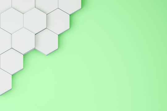 White hexagon corner frame on light green background. 3D abstract geometric backdrop with copy space. Minimalist tech layout.