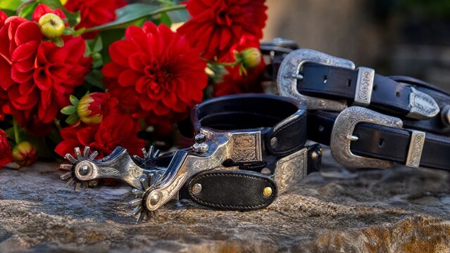 Silver spurs and bridle buckles beside vibrant red dahlias in bloom.