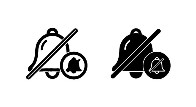 Minimal black silhouette icon, simple flat vector, bold black shape, no, no shading set of mute notification icons, bell with slash sign, vector illustration on a, flat icon style
