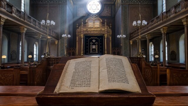 Empty synagogue interior with wooden lectern and ancient scripture, soft window light.