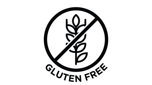 Minimalist black and white gluten free symbol featuring a stylized wheat stalk inside a circular strike through icon for health conscious food labeling and packaging