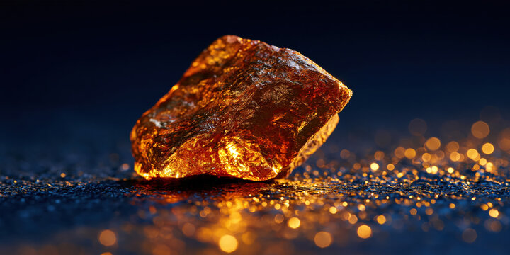 Gold nugget mineral specimen raw mineral metallic rock dark surface dramatic light close up shiny texture orange glow