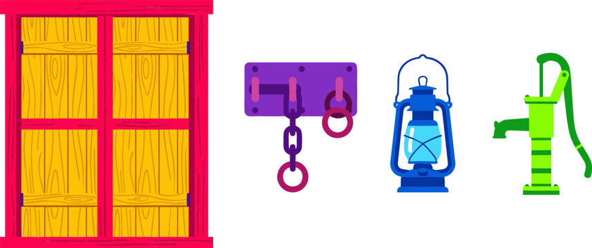 Rustic Farm and Vintage Equipment Vector Set Featuring Wooden Window Shutters Purple Slide Bolt Latch Blue Kerosene Lantern and Green Water Hand Pump