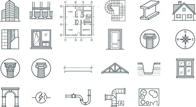 Architecture Construction Icon Set with Building Blueprint Floor Plan Column Window and Structural Beam Symbols for Engineering Designs