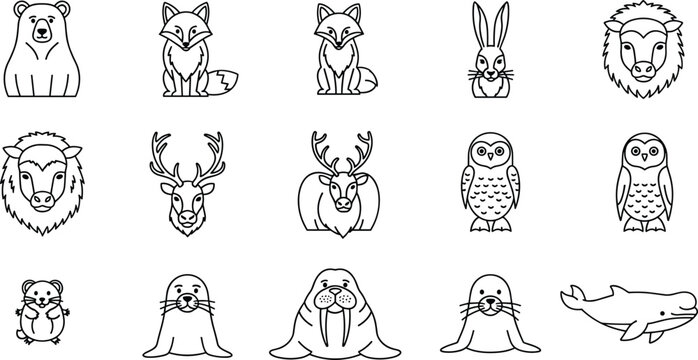 Arctic Animals Coloring Page Line Art Set with Bear Fox Rabbit Bison Deer Owl Seal Walrus and Whale Outline Icons for Kids