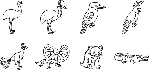 Fototapeta premium Australian Wildlife Coloring Page Line Art Set with Emu Cassowary Kookaburra Cockatoo Lyrebird Frilled Lizard Quoll and Crocodile Outline Collection