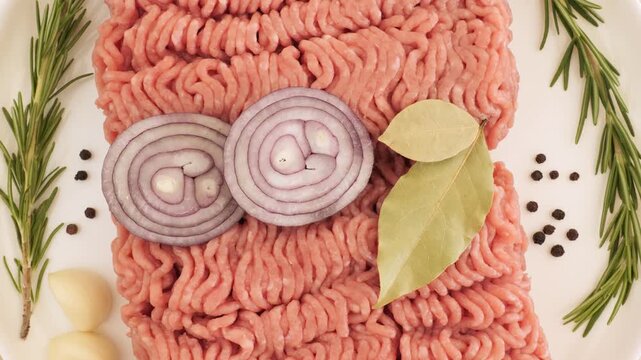 Raw ground meat with onion and spices rotating