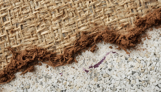 Abstract background of woven hemp fiber mat and white terrazzo stone mosaic texture