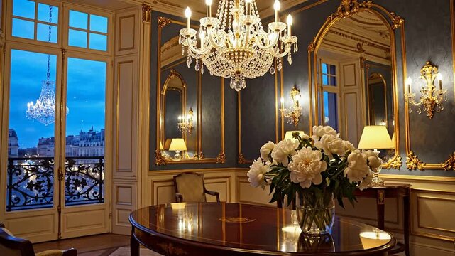 Elegant Parisian Boutique Hotel Lobby At Twilight Featuring Ornate Molding, Chandelier, And Floral Centerpiece