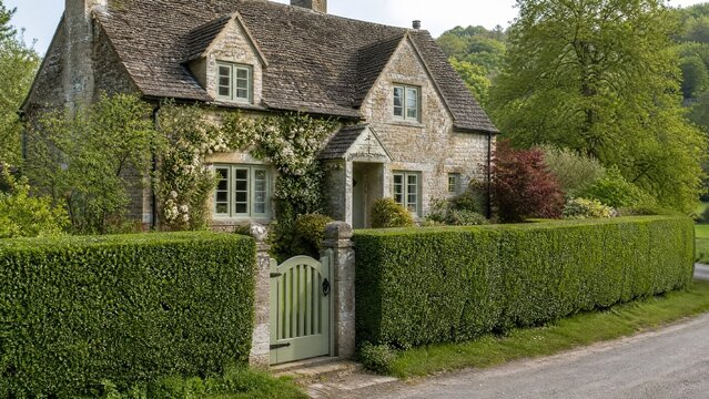 Neatly trimmed green privet hedge surrounding a countryside cottage.