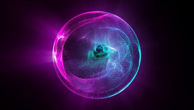 Purple core energetic particles isolated background. 3D sphere. Abstract transparent liquid sphere fluorescent light. Sphere dots. Blue and pink 3D sphere.