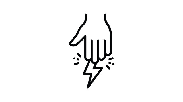 Minimalist black and white line art icon featuring a human hand holding a sharp electric lightning bolt symbol representing power energy and modern digital technology concepts