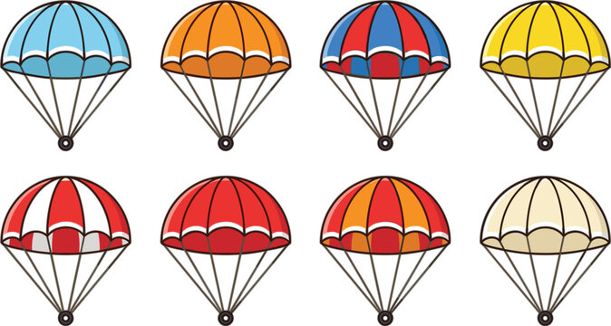 Colorful parachute vector set with extreme sport skydiving equipment icons isolated on a clean white studio background