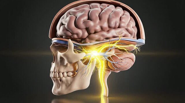 Exploded View of Human Cranium Illustrating Layers from Skin to Brain with Neural Pathway Highlights in 3D Rendered Detail