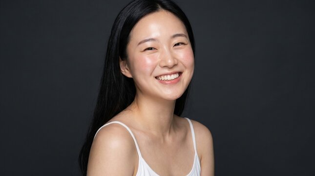 Radiant Young Asian Woman With Glowing Natural Skin Smiling Brightly Against Dark Backdrop