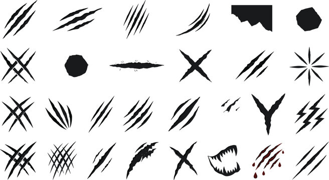 Claw Scratch Marks Vector Set with Animal Slash Cuts Tears Blood Drips and Sharp Teeth for Horror and Gaming Designs