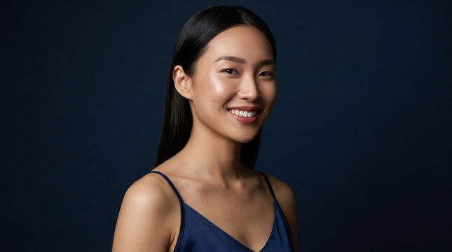 Radiant Young Asian Woman With Glowing Natural Skin Against A Deep Navy Background Studio Portrait