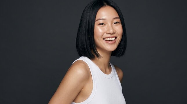 Studio portrait of a cheerful young woman with black hair smiling at the camera on grey background