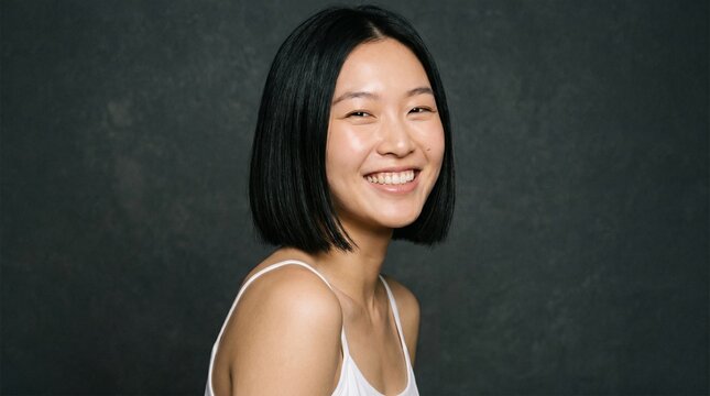 Studio Portrait of a Joyful Young Asian Woman with Natural Makeup against Dark Grey Background