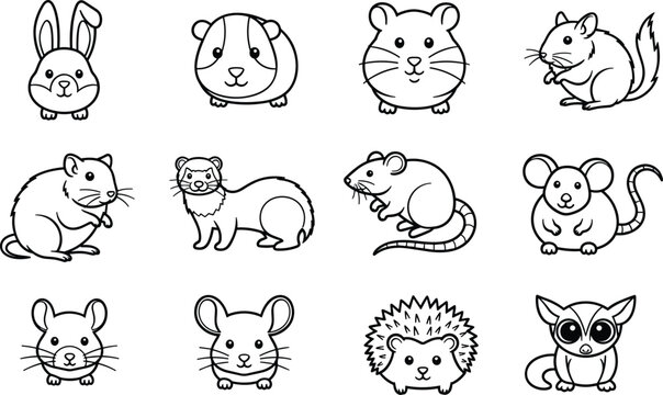 Cute Small Pet Animals Cartoon Vector Set with Rabbit, Guinea Pig, Hamster, Mouse, Ferret, and Hedgehog Illustrations