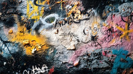 Obraz premium Abstract wall scribbles background. Street art graffiti texture with tags, drawings, inscriptions and spray paint stains 