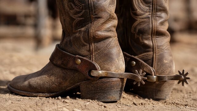 Dusty cowboy boots with spurs planted in sandy soil.