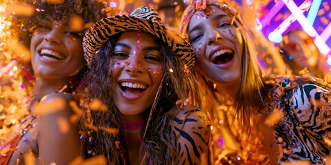Fototapeta premium Joyful party crowd celebrating under falling confetti, bright balloons, and warm golden lights in a lively festive atmosphere