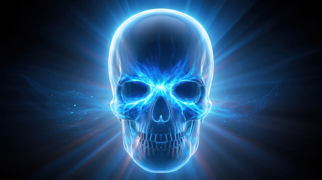 Glass skull front view blue glow electric light dark background transparent object human bone anatomy eerie face digital art