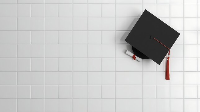 Graduation cap and diploma on white brick wall background with copy space.