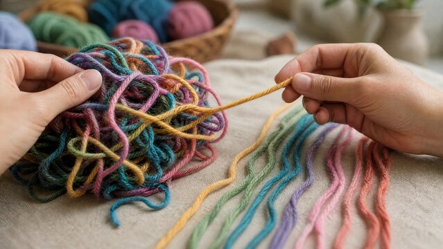 Close-up of colorful yarn being untangled from a complex knot.