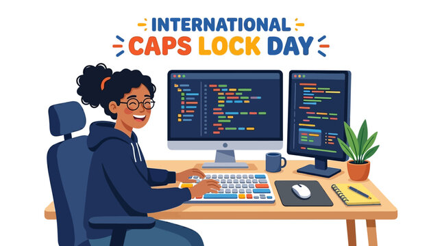 Happy young woman programmer celebrating International CAPS LOCK Day coding on computers at her desk