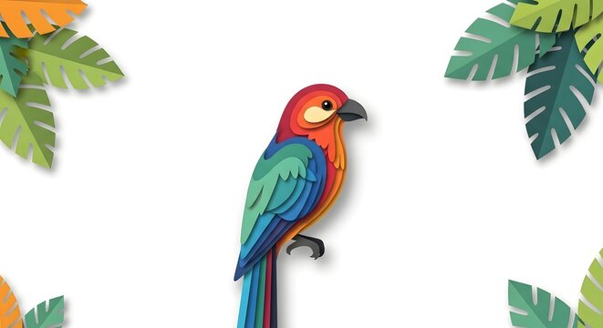 colorful paper macow parrot perched on a branch surrounded by tropical leaves simple layered art style.