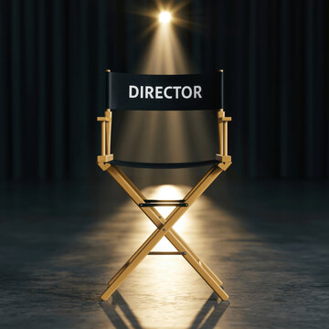 Director chair film set studio light spotlight wooden chair black seat empty chair cinema stage curtain production movie filming entertainment backstage interior dramatic illuminated golden frame