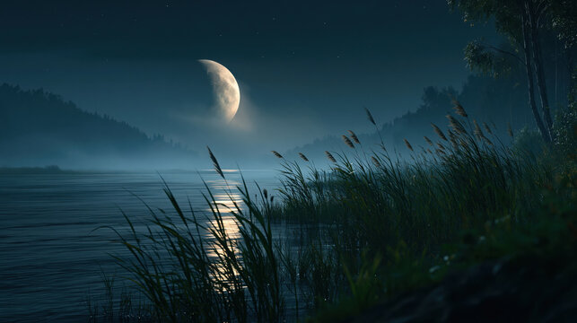 Glowing moon over calm midnight lake with misty shoreline and dark grass under clear sky, serene and moody