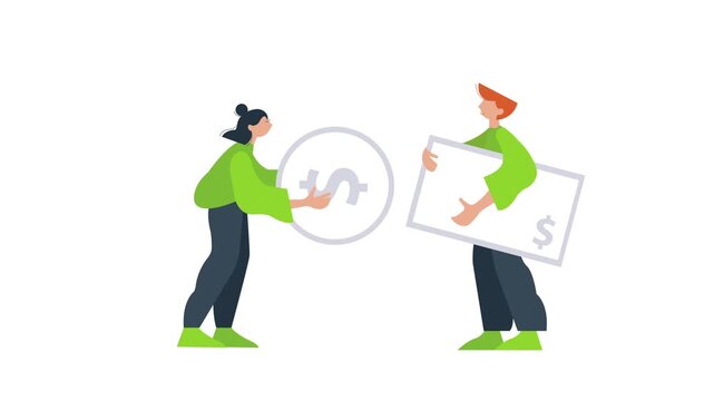 Man and woman exchanging currency symbols in this flat vector animation style digital motion clip