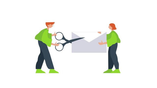 Stylized flat characters cutting a large white envelope using giant scissors in this creative motion video