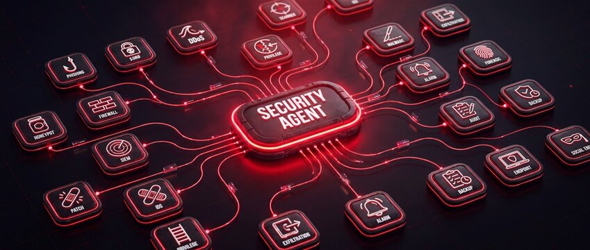 Cybersecurity network concept with central 'security agent' hub connected to various threat icons like phishing malware firewall and forensic tools on a dark background symbolizing digital protection