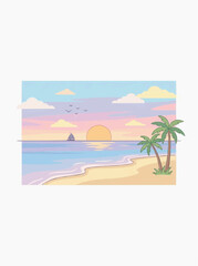 Fototapeta premium Pastel Sunset Over Tropical Beach With Palm Trees and Sailboat