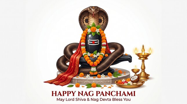 Happy Nag Panchami festival greeting card template with Lord Shiva lingam and cobra