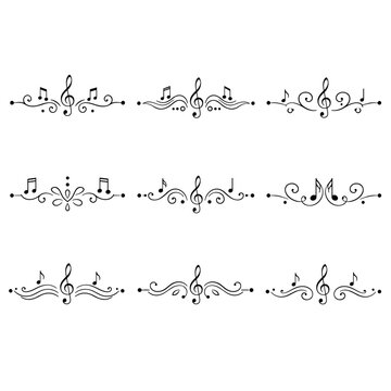 Musical notes and treble clef line art dividers, calming rhythms and sound therapy borders