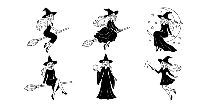 A collection of six line art illustrations featuring women dressed as witches in various poses some flying on broomsticks and others holding magical objects halloween fantasy